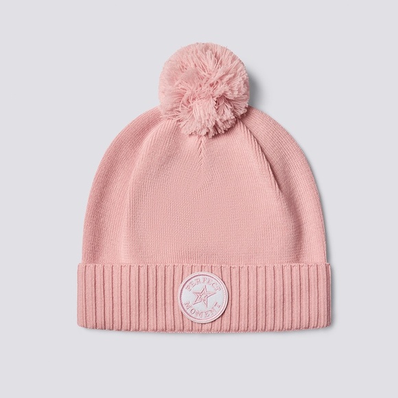 PERFECT MOMENT Patch Beanie Pure Pink NWT 100% Extrafine Merino Wool Pom Pom Hat - Picture 1 of 16